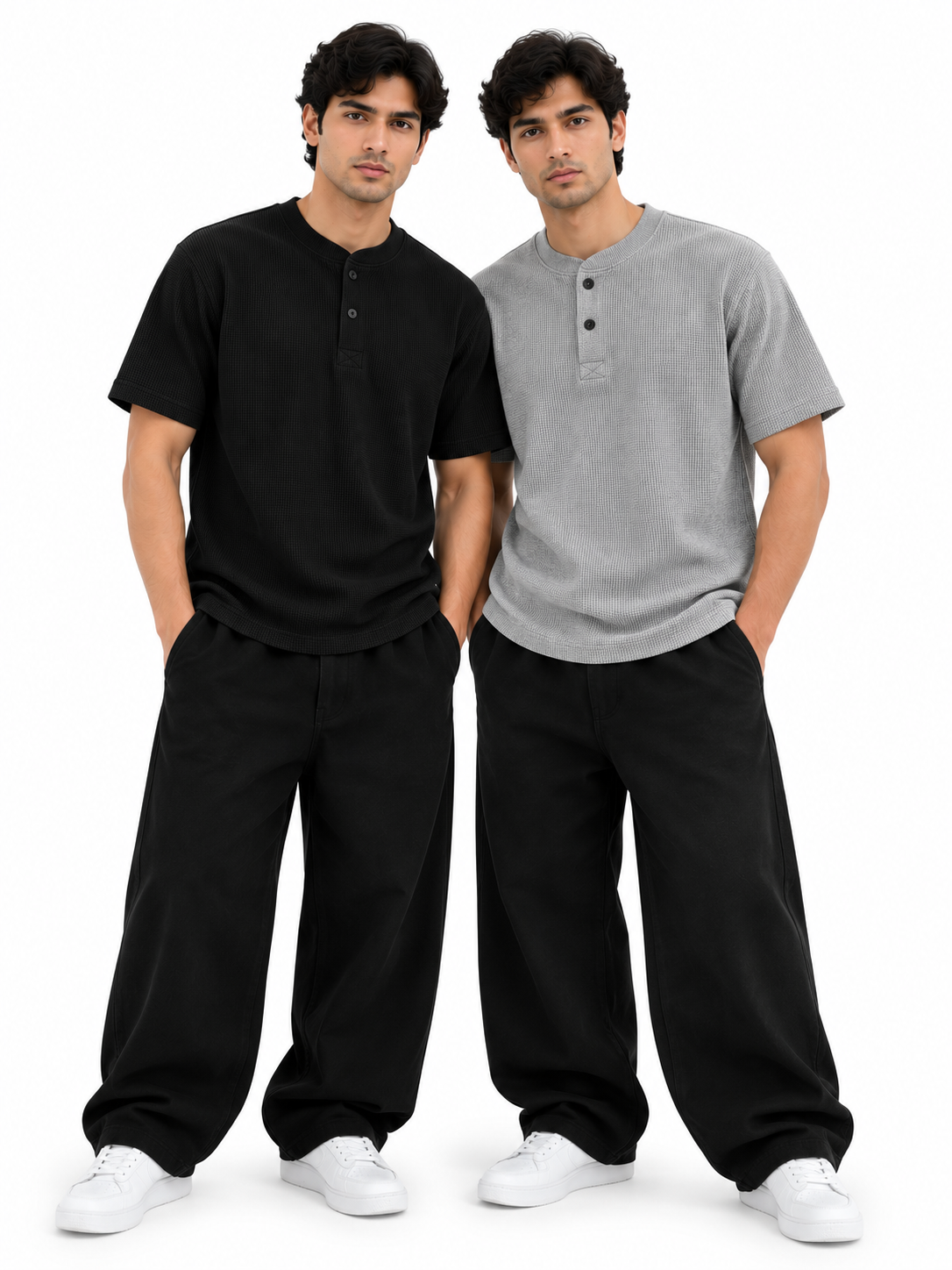 Pack of 2 Waffle Knit Henley – Black&Grey