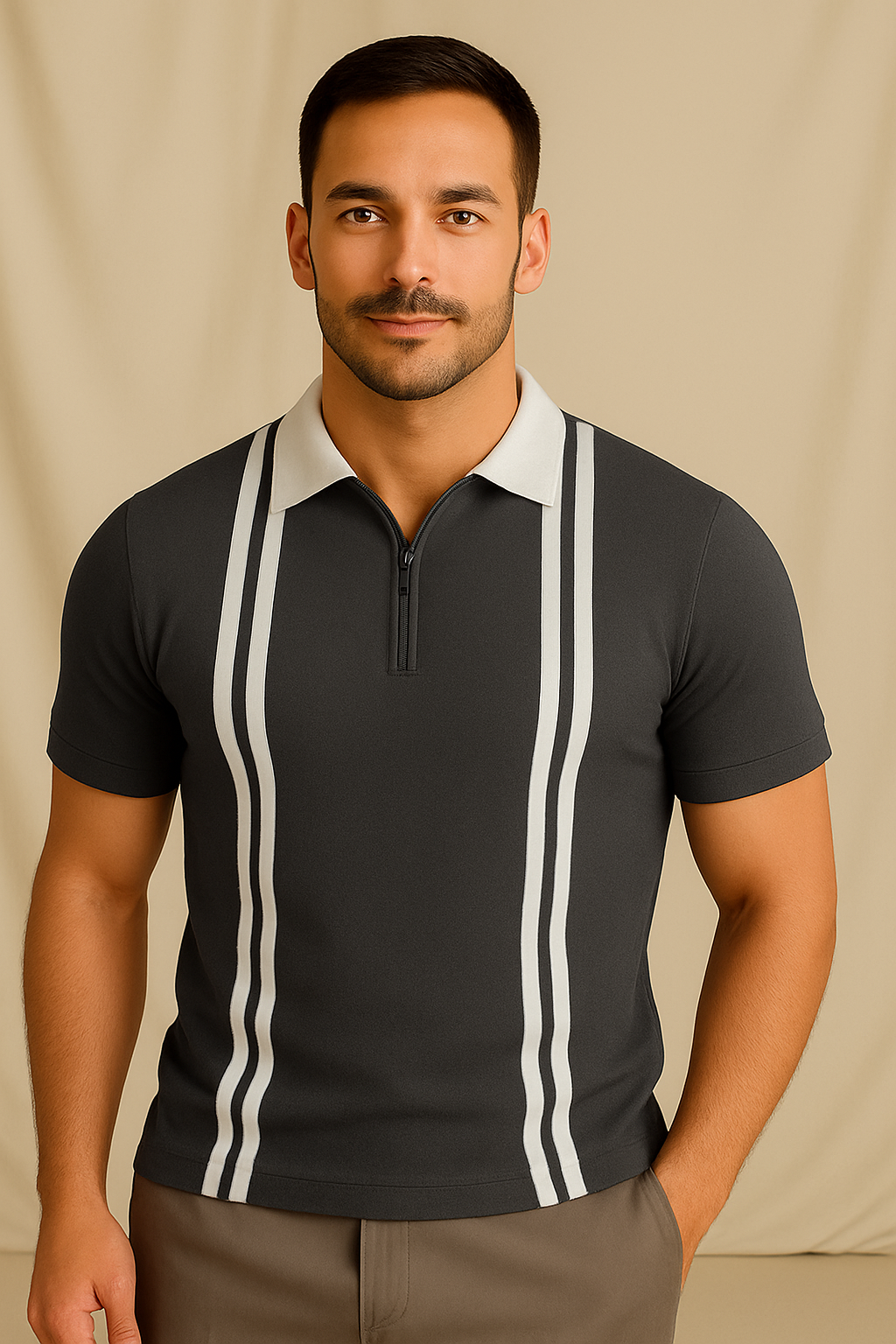 New Zipper Striped Polo For Men