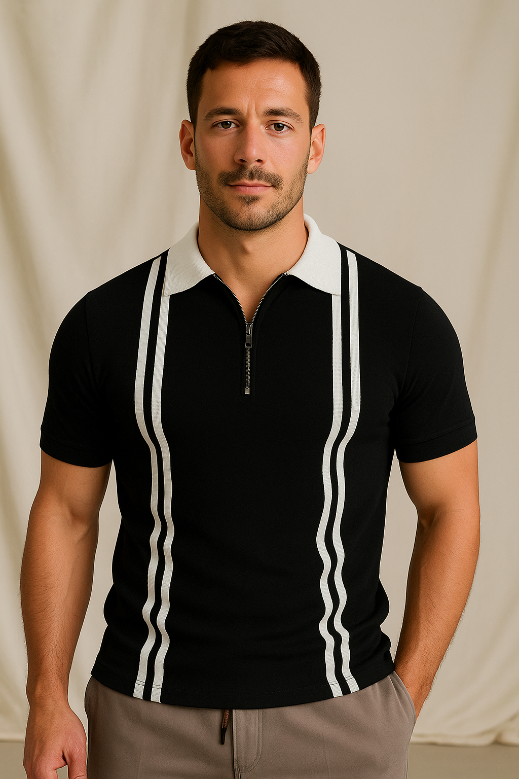New Zipper Striped Polo For Men