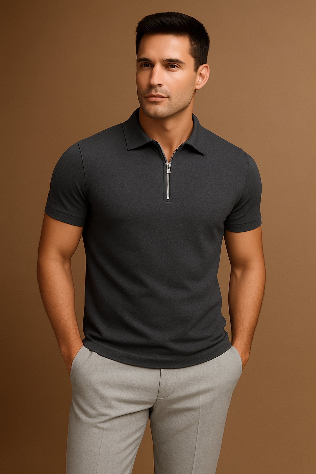 Plain Zipper Polo – Gray