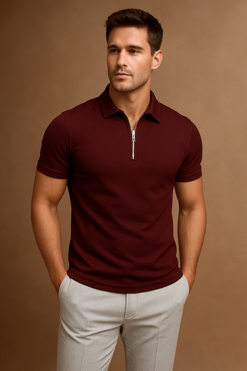 Plain Zipper Polo – Maroon